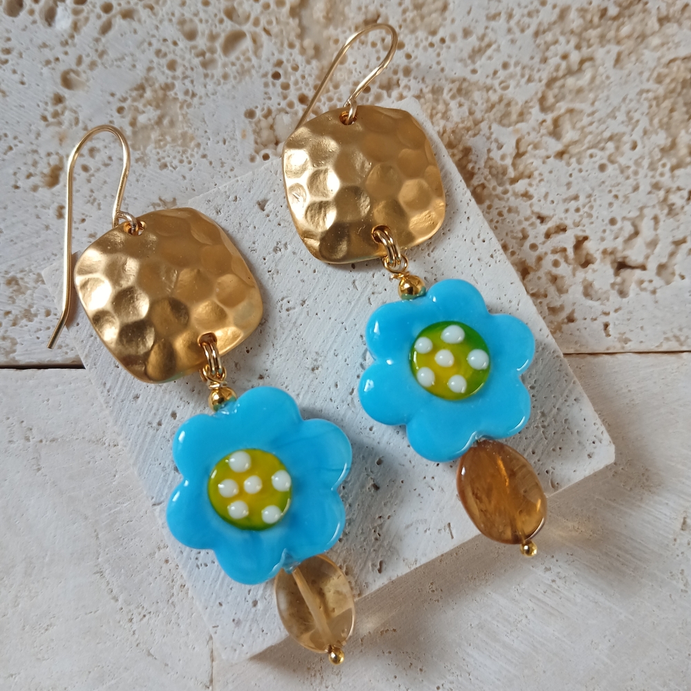 Gold and Blue Flower Dangle Earrings